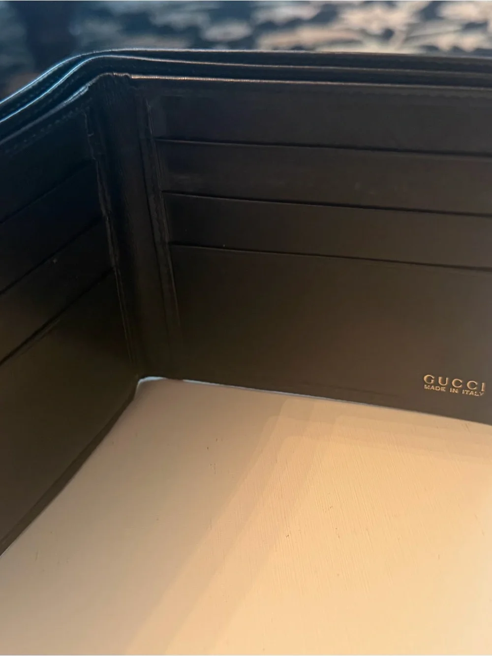 Gucci Black Leather Wallet with Gold Corner Accents